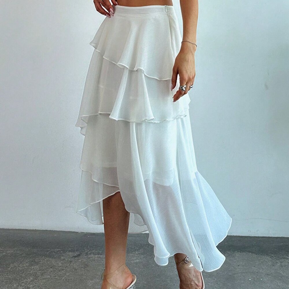 Beige Elegant Women's Multi-Layered Ruffle Trim Cake Skirt For
